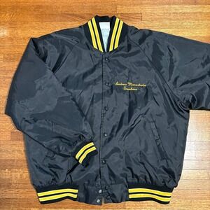 Vintage Hartwell Satin Bomber Jacket Black Yellow Appling Band Snap Front XL